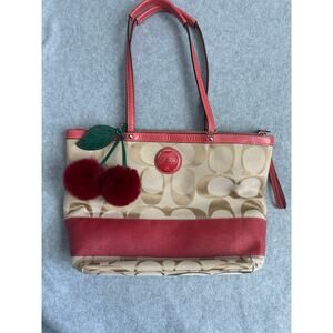 EUC Y2K Coach F15112 Signature Stripe Tote + Fuzzy Cherry Charm Bundle